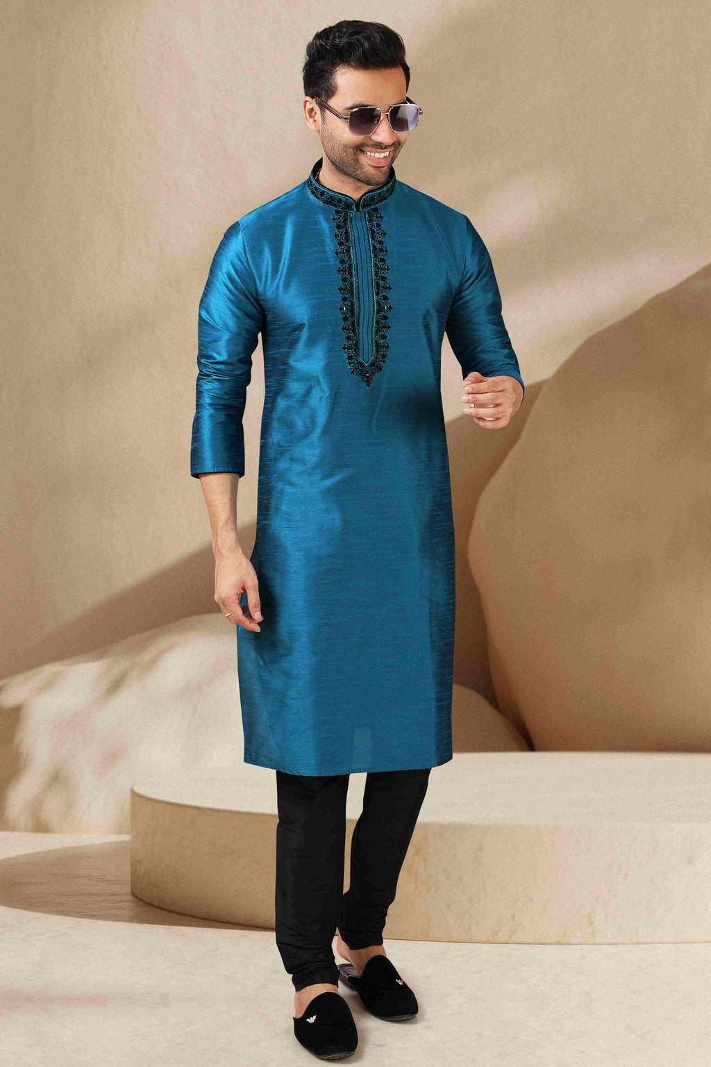 Raivat Ethnic Banarasi Art Silk Mirror Work Kurta Pajama In Teal Colour | Grocsy