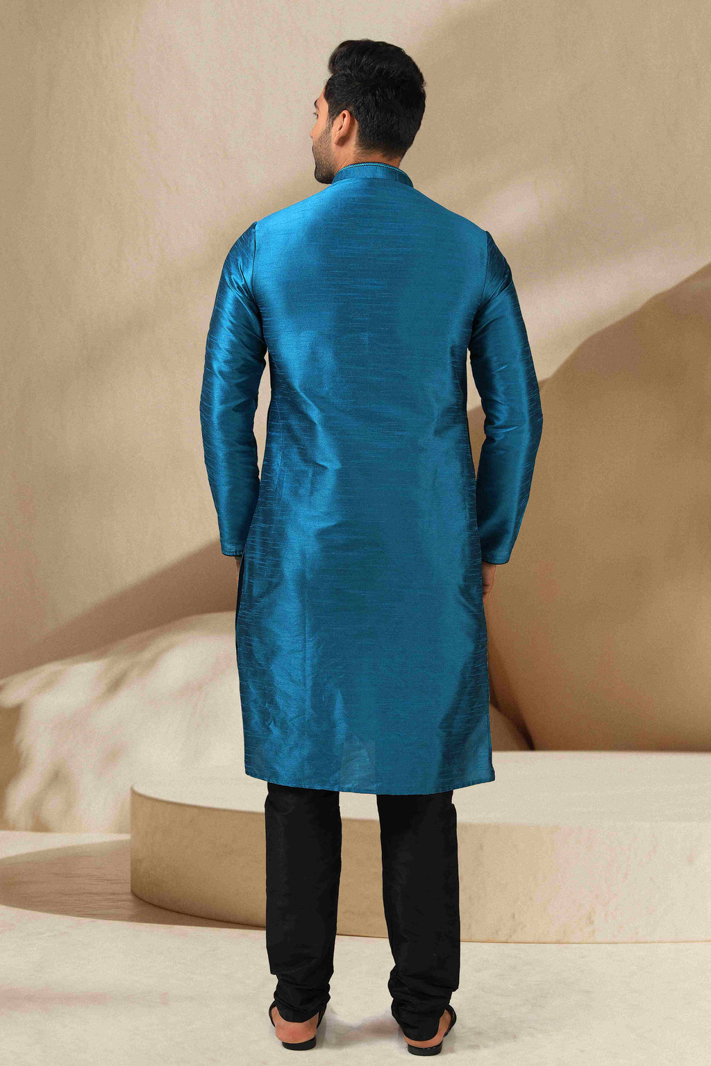 Raivat Ethnic Banarasi Art Silk Mirror Work Kurta Pajama In Teal Colour | Grocsy