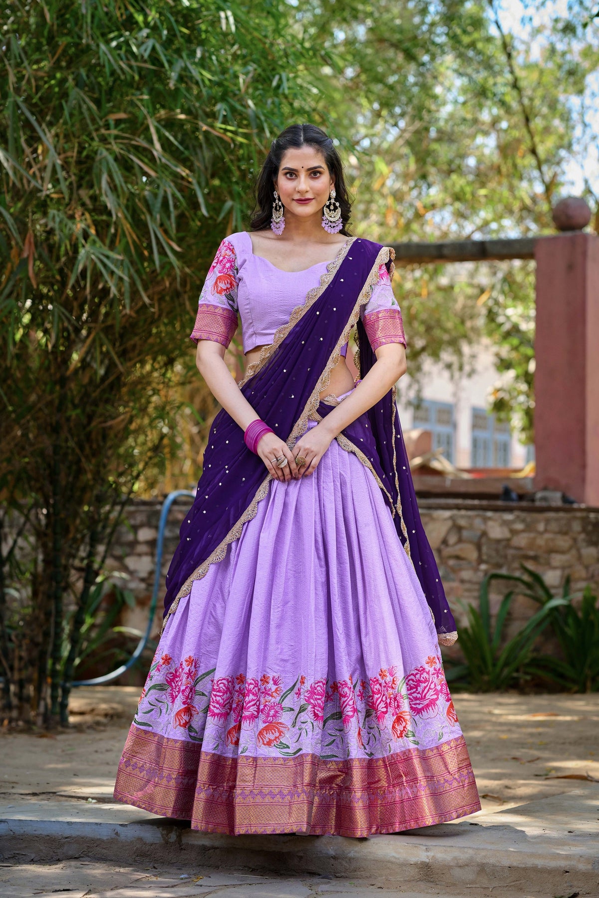 Lorenvalley Fashion Lavender Cotton Silk Thread Embroidery Work Lehenga Choli with Dupatta | Grocsy