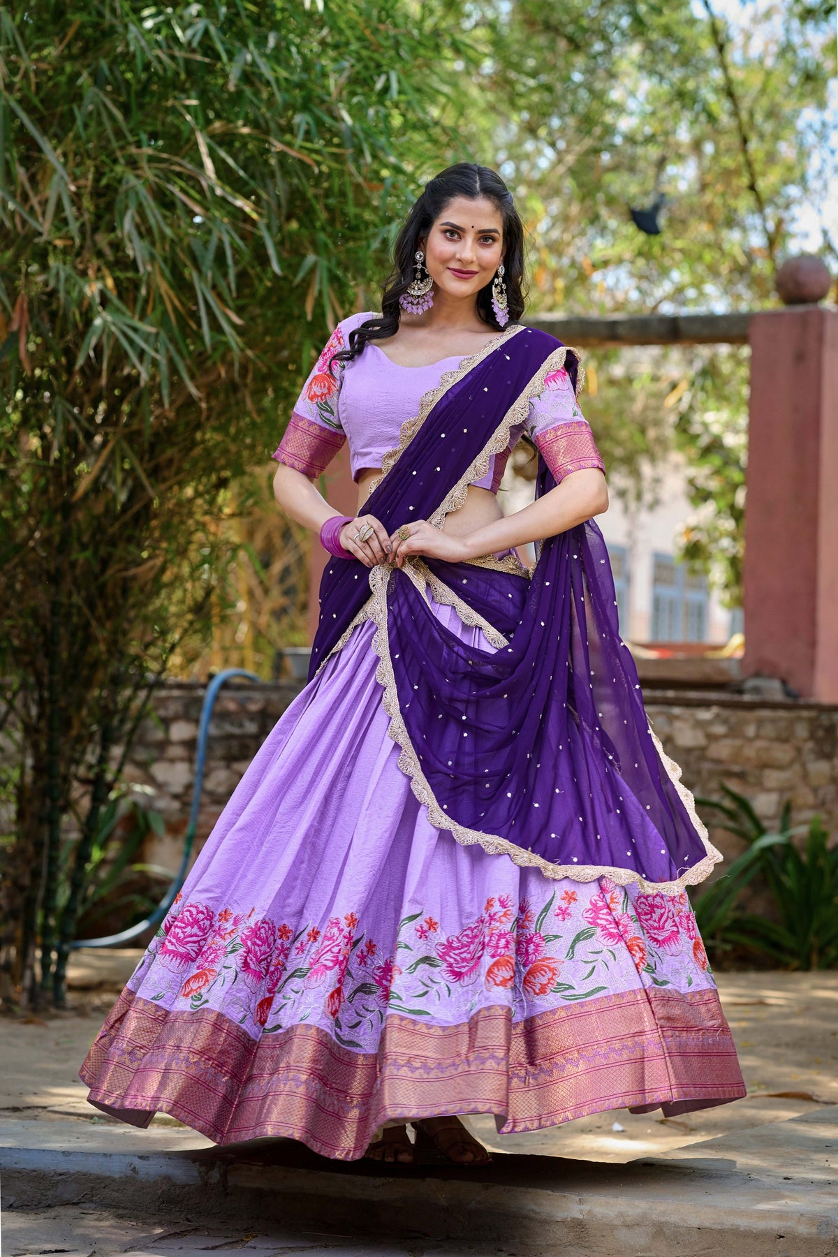 Lorenvalley Fashion Lavender Cotton Silk Thread Embroidery Work Lehenga Choli with Dupatta | Grocsy