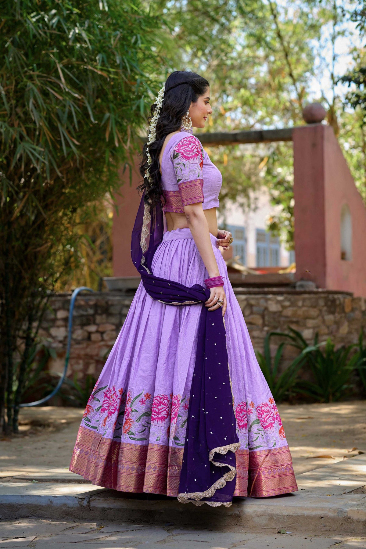 Lorenvalley Fashion Lavender Cotton Silk Thread Embroidery Work Lehenga Choli with Dupatta | Grocsy
