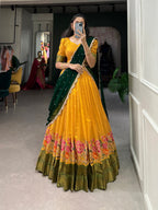 Lorenvalley Fashion Mustard Cotton Silk Thread Embroidery Work Lehenga Choli with Dupatta | Grocsy