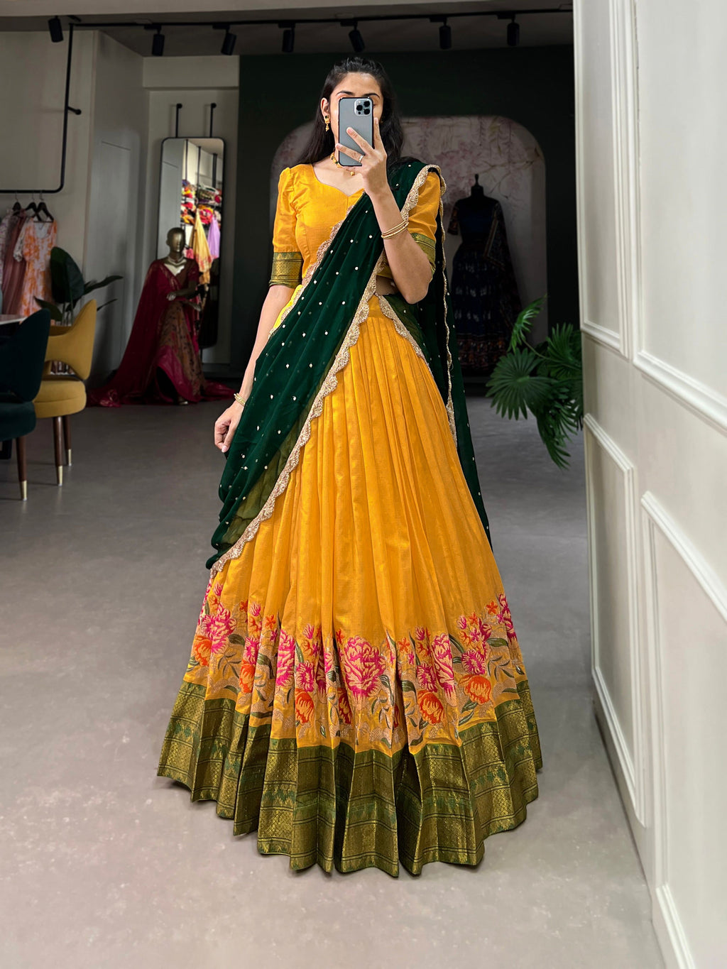 Lorenvalley Fashion Mustard Cotton Silk Thread Embroidery Work Lehenga Choli with Dupatta | Grocsy