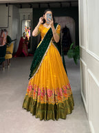 Lorenvalley Fashion Mustard Cotton Silk Thread Embroidery Work Lehenga Choli with Dupatta | Grocsy