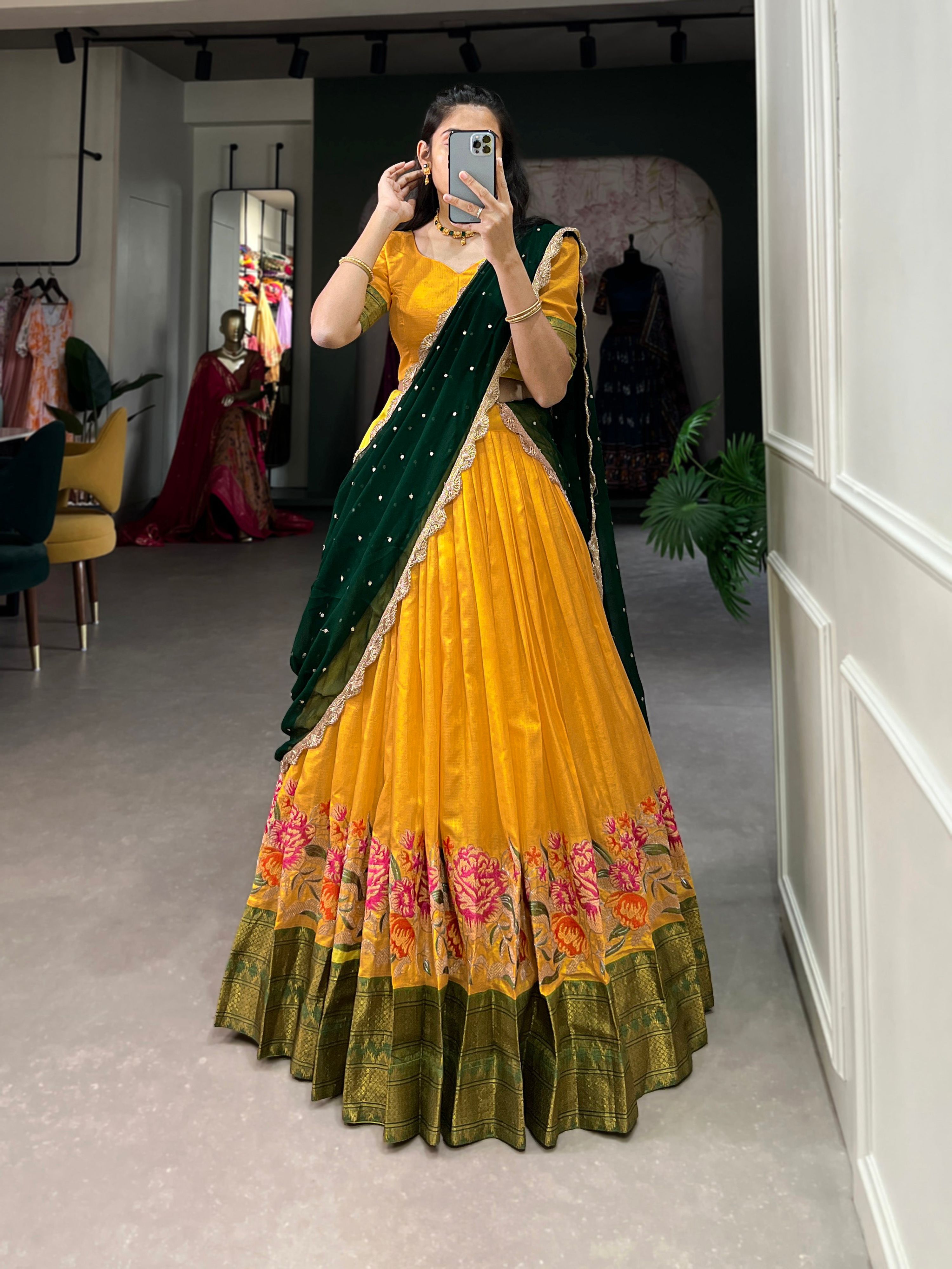 Lorenvalley Fashion Mustard Cotton Silk Thread Embroidery Work Lehenga Choli with Dupatta | Grocsy