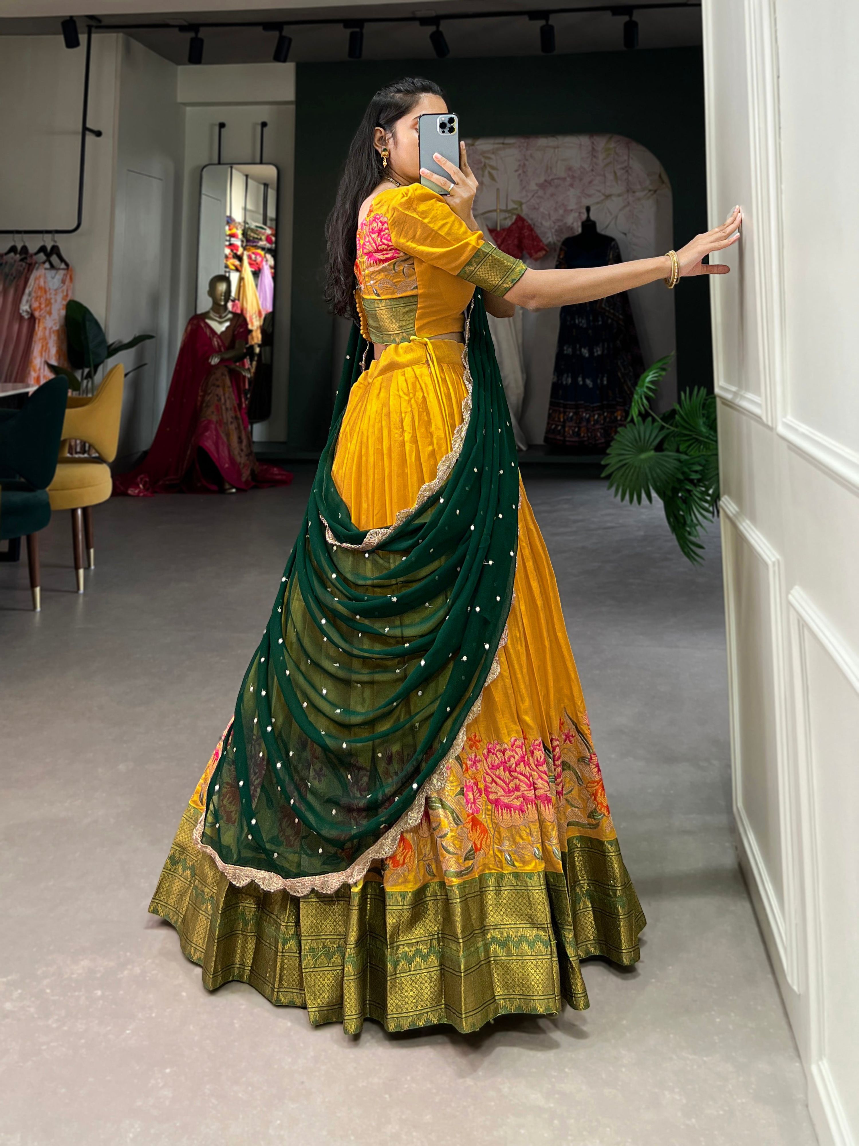 Lorenvalley Fashion Mustard Cotton Silk Thread Embroidery Work Lehenga Choli with Dupatta | Grocsy