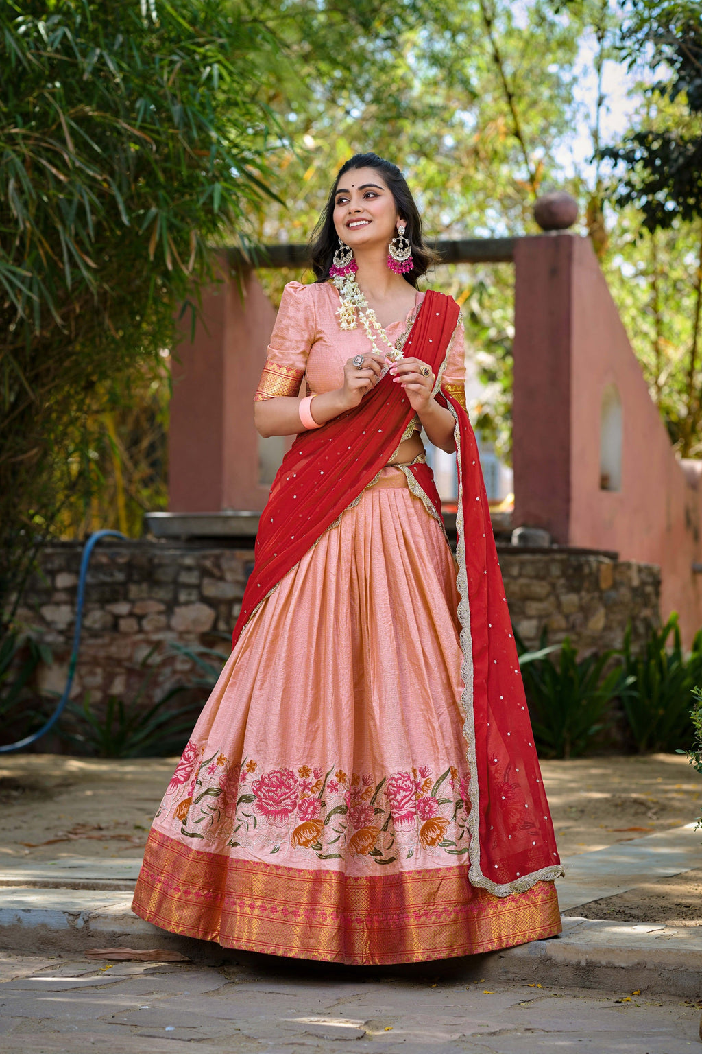 Lorenvalley Fashion Peach Cotton Silk Thread Embroidery Work Lehenga Choli with Dupatta | Grocsy
