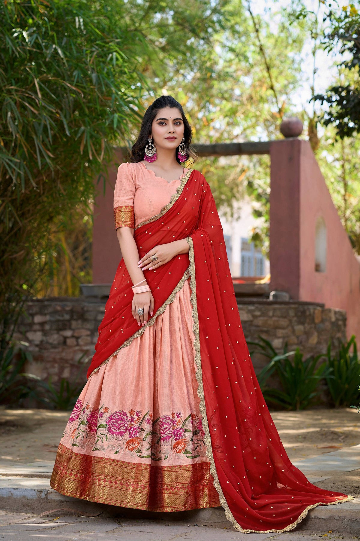 Lorenvalley Fashion Peach Cotton Silk Thread Embroidery Work Lehenga Choli with Dupatta | Grocsy