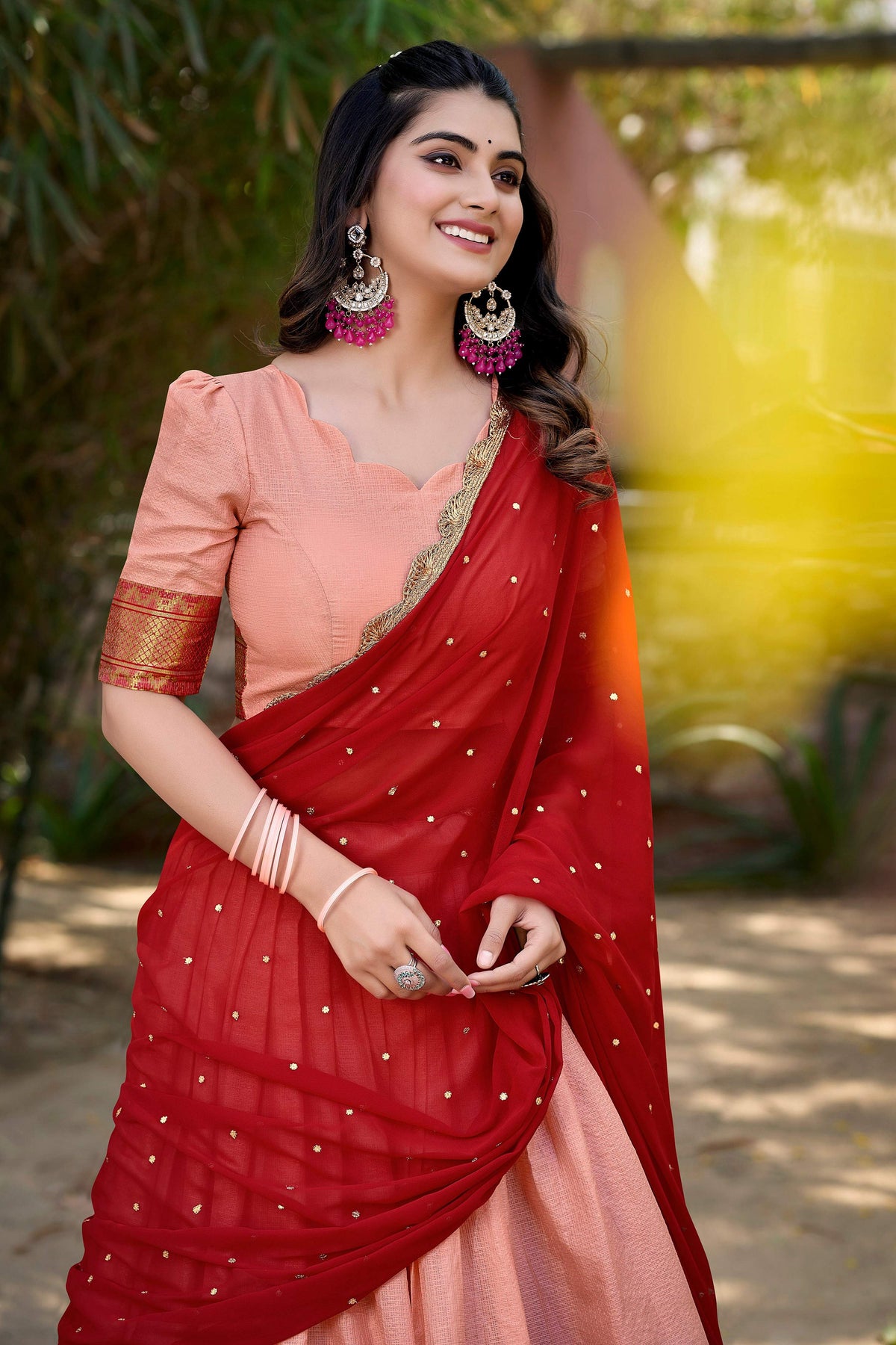 Lorenvalley Fashion Peach Cotton Silk Thread Embroidery Work Lehenga Choli with Dupatta | Grocsy