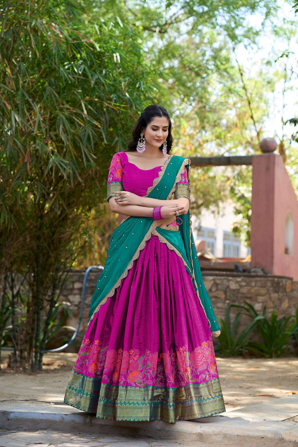 Lorenvalley Fashion Pink Cotton Silk Thread Embroidery Work Lehenga Choli with Dupatta | Grocsy