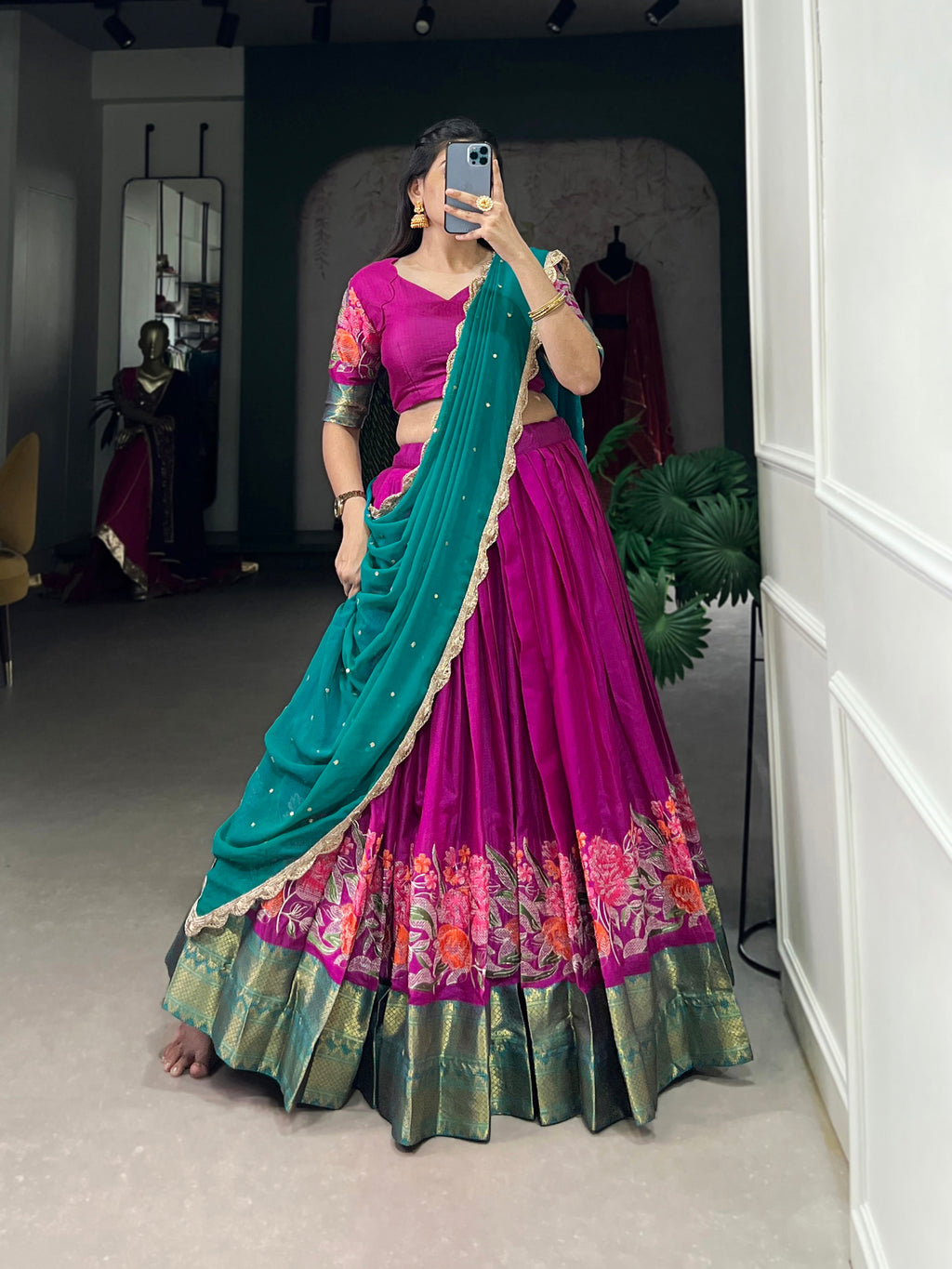 Lorenvalley Fashion Pink Cotton Silk Thread Embroidery Work Lehenga Choli with Dupatta | Grocsy