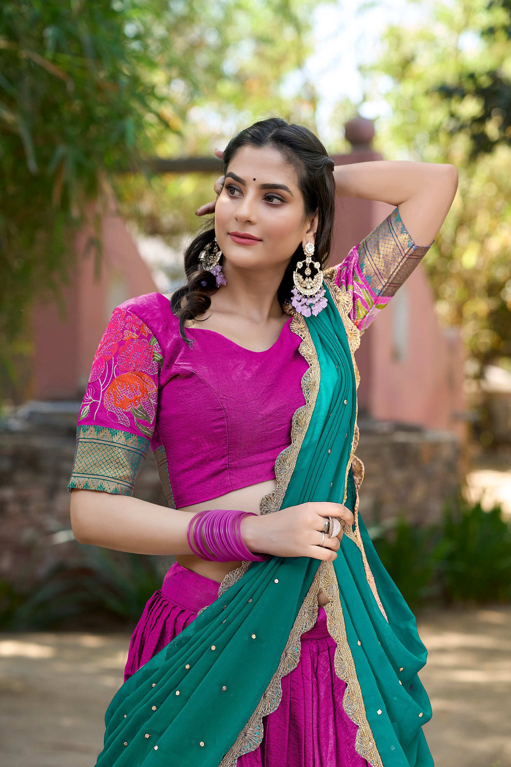 Lorenvalley Fashion Pink Cotton Silk Thread Embroidery Work Lehenga Choli with Dupatta | Grocsy