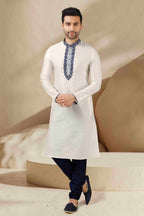 Raivat Ethnic Banarasi Art Silk Thread Work Kurta Pajama In Off White Colour | Grocsy