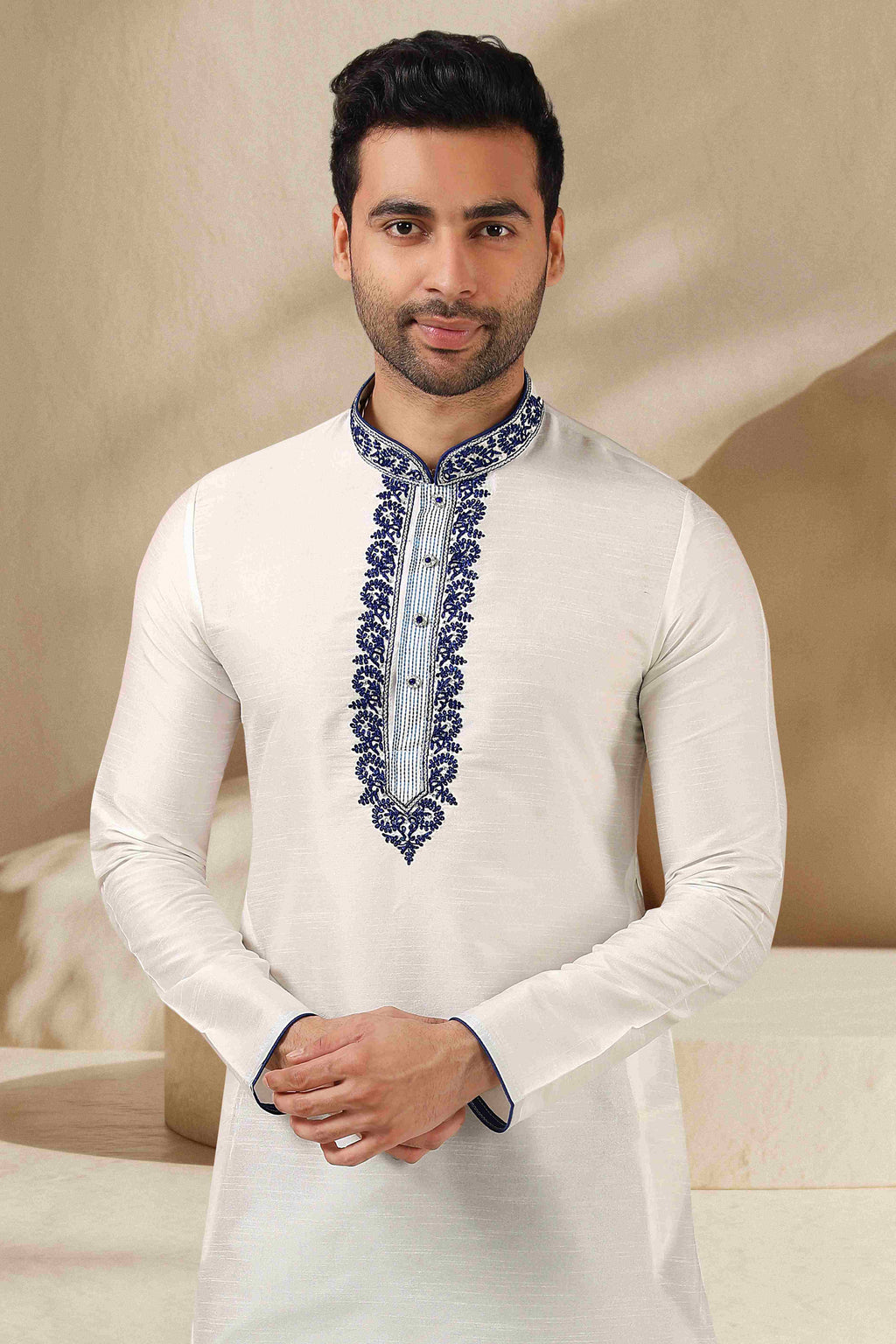 Raivat Ethnic Banarasi Art Silk Thread Work Kurta Pajama In Off White Colour | Grocsy