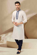 Raivat Ethnic Banarasi Art Silk Thread Work Kurta Pajama In Off White Colour | Grocsy
