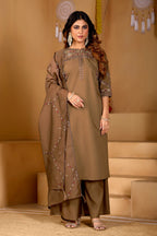 Lorenvalley Fashion Brown Viscose Mango Silk Multi Embroidery Thread with Hand Work Kurta Palazzo Dupatta | Grocsy