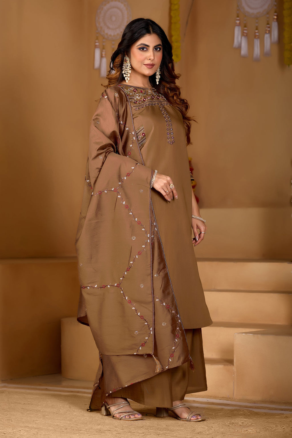 Lorenvalley Fashion Brown Viscose Mango Silk Multi Embroidery Thread with Hand Work Kurta Palazzo Dupatta | Grocsy
