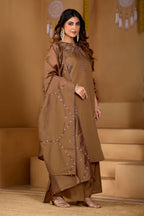 Lorenvalley Fashion Brown Viscose Mango Silk Multi Embroidery Thread with Hand Work Kurta Palazzo Dupatta | Grocsy