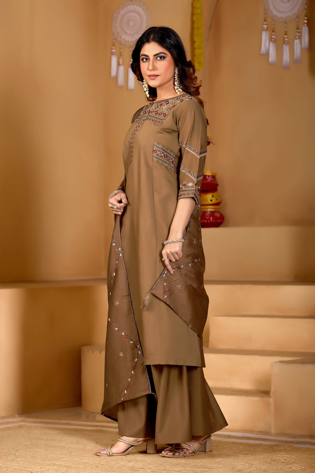 Lorenvalley Fashion Brown Viscose Mango Silk Multi Embroidery Thread with Hand Work Kurta Palazzo Dupatta | Grocsy