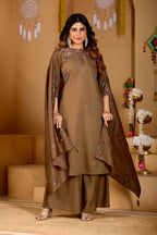 Lorenvalley Fashion Brown Viscose Mango Silk Multi Embroidery Thread with Hand Work Kurta Palazzo Dupatta | Grocsy
