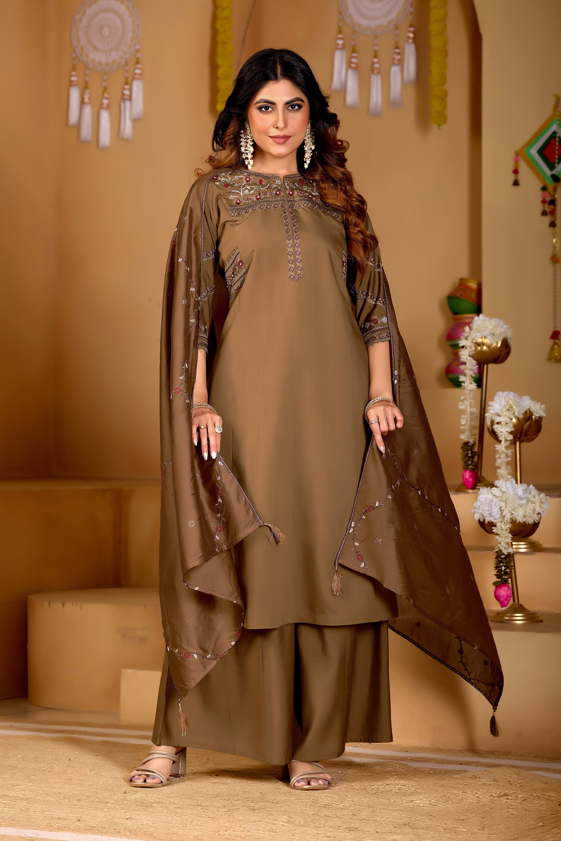 Lorenvalley Fashion Brown Viscose Mango Silk Multi Embroidery Thread with Hand Work Kurta Palazzo Dupatta | Grocsy