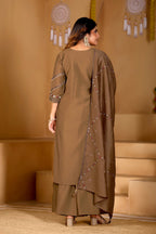 Lorenvalley Fashion Brown Viscose Mango Silk Multi Embroidery Thread with Hand Work Kurta Palazzo Dupatta | Grocsy