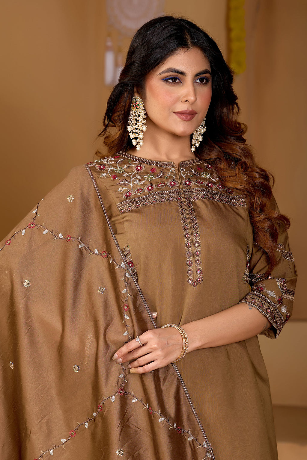Lorenvalley Fashion Brown Viscose Mango Silk Multi Embroidery Thread with Hand Work Kurta Palazzo Dupatta | Grocsy