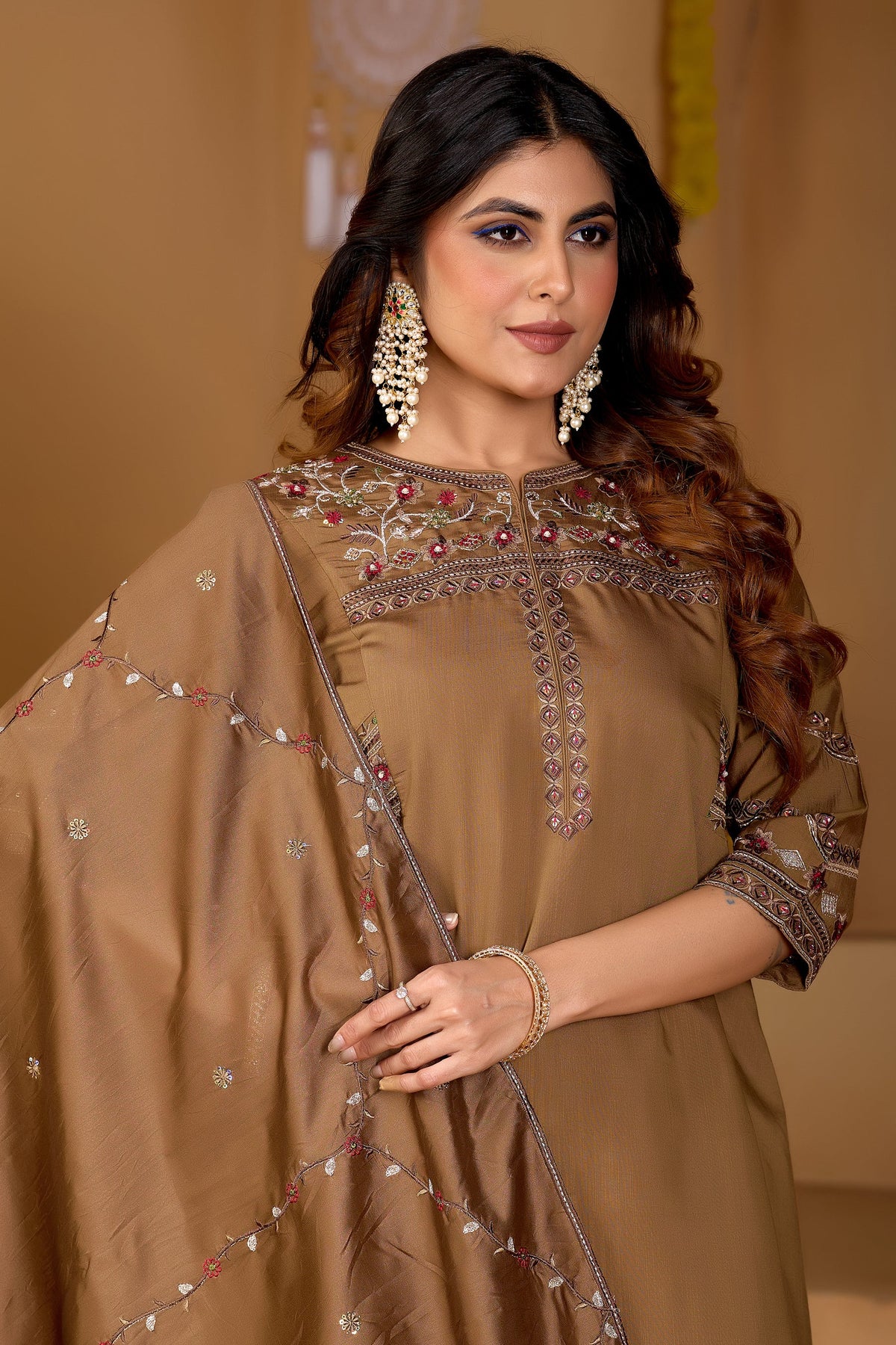 Lorenvalley Fashion Brown Viscose Mango Silk Multi Embroidery Thread with Hand Work Kurta Palazzo Dupatta | Grocsy