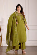 Lorenvalley Fashion Mehendi Viscose Mango Silk Multi Embroidery Thread with Hand Work Kurta Palazzo Dupatta | Grocsy