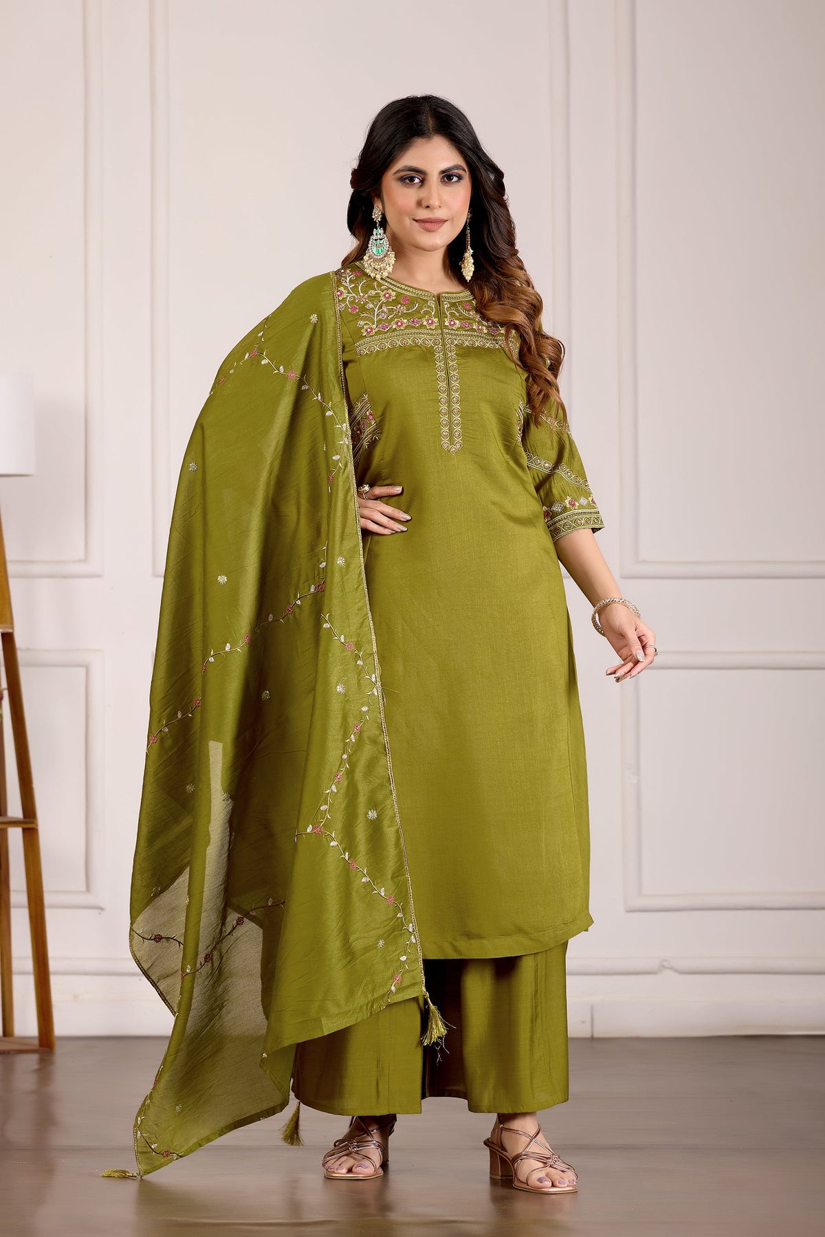 Lorenvalley Fashion Mehendi Viscose Mango Silk Multi Embroidery Thread with Hand Work Kurta Palazzo Dupatta | Grocsy