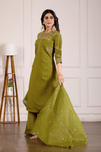 Lorenvalley Fashion Mehendi Viscose Mango Silk Multi Embroidery Thread with Hand Work Kurta Palazzo Dupatta | Grocsy