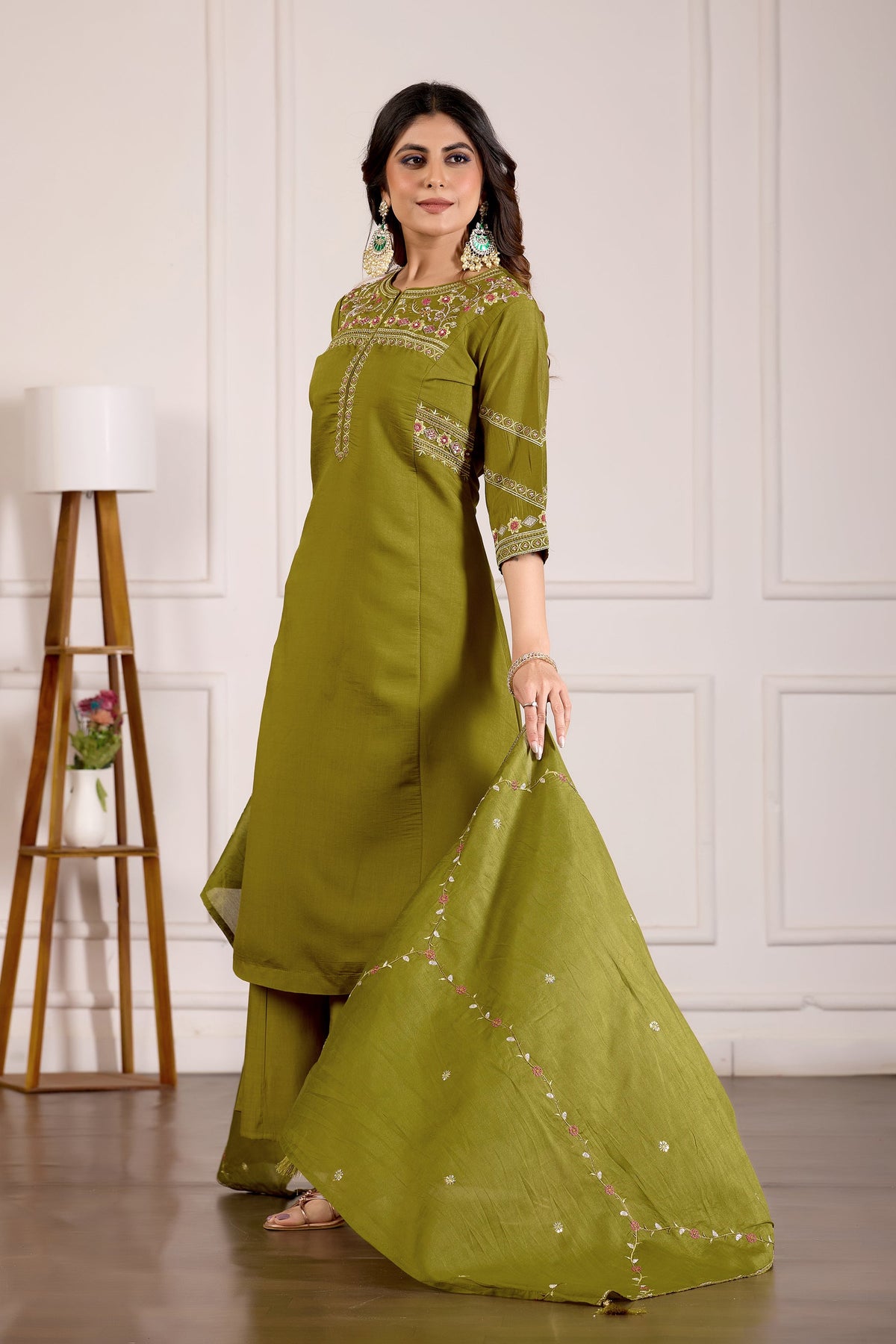 Lorenvalley Fashion Mehendi Viscose Mango Silk Multi Embroidery Thread with Hand Work Kurta Palazzo Dupatta | Grocsy