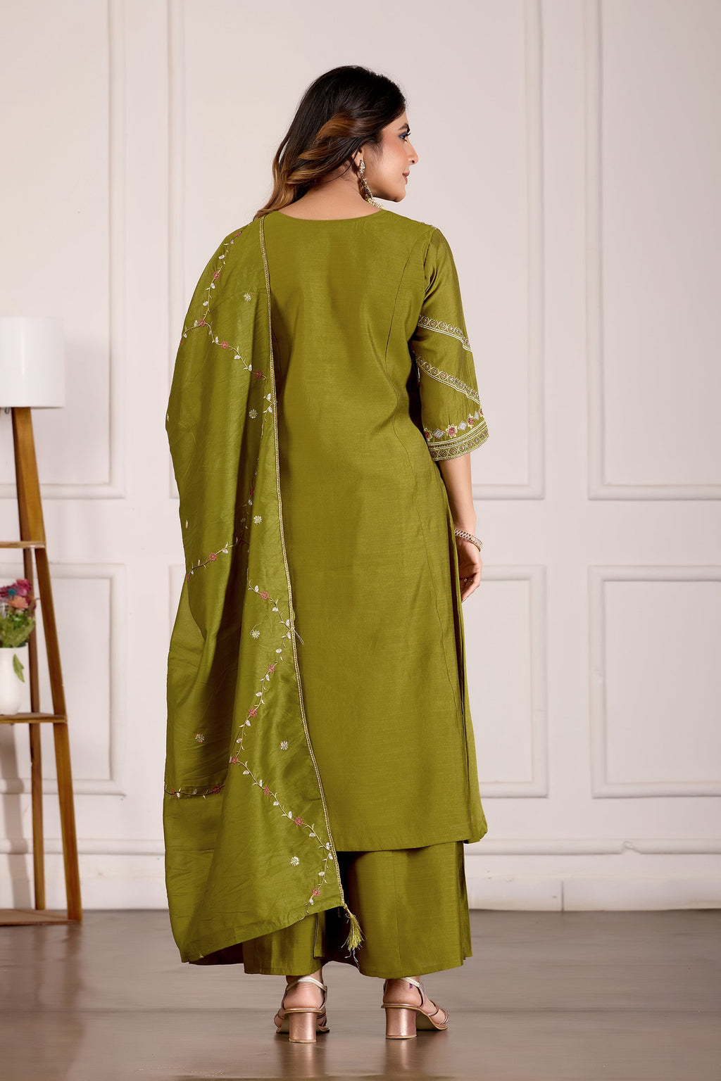 Lorenvalley Fashion Mehendi Viscose Mango Silk Multi Embroidery Thread with Hand Work Kurta Palazzo Dupatta | Grocsy