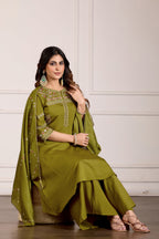 Lorenvalley Fashion Mehendi Viscose Mango Silk Multi Embroidery Thread with Hand Work Kurta Palazzo Dupatta | Grocsy