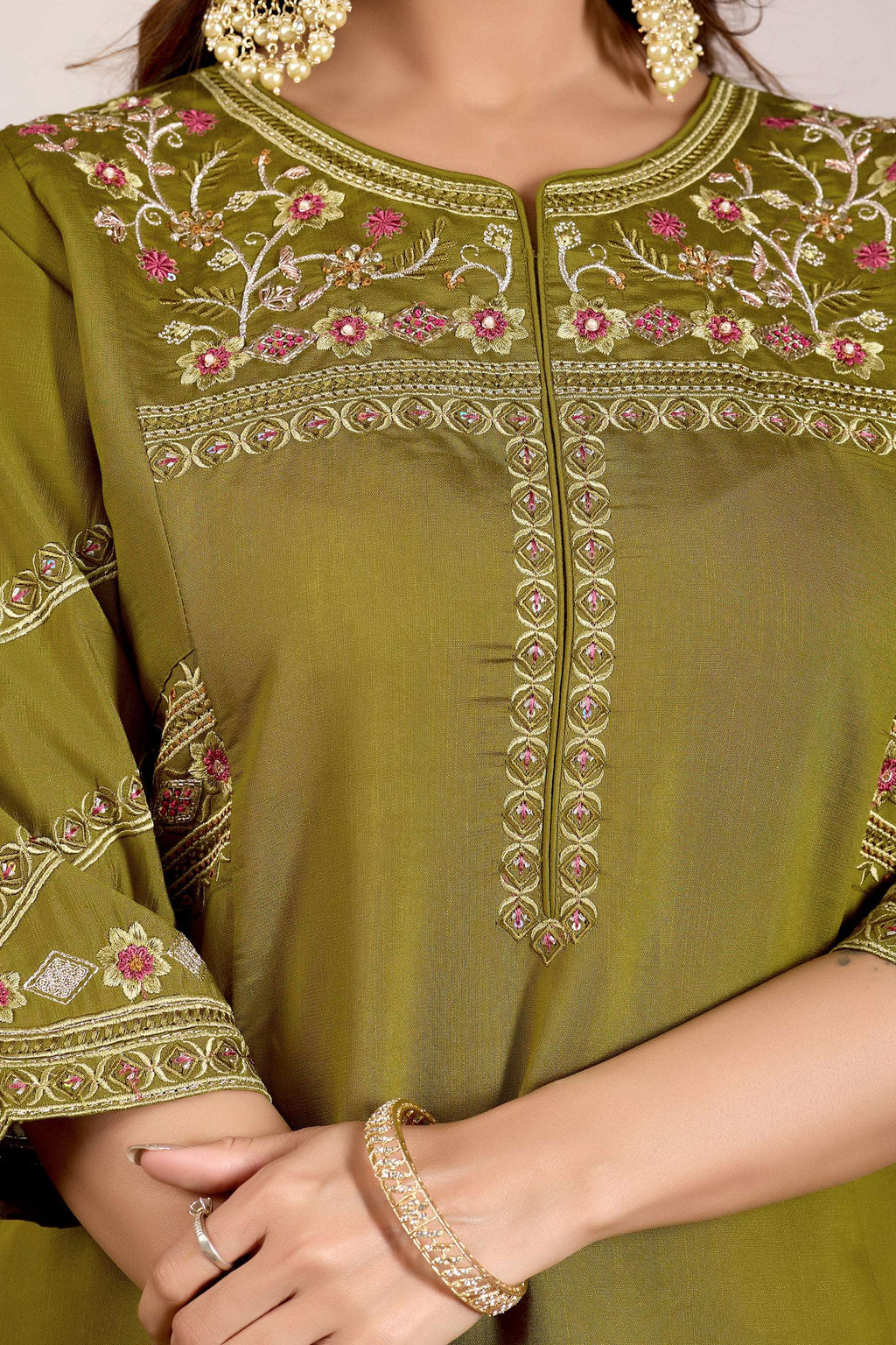 Lorenvalley Fashion Mehendi Viscose Mango Silk Multi Embroidery Thread with Hand Work Kurta Palazzo Dupatta | Grocsy