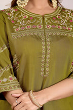 Lorenvalley Fashion Mehendi Viscose Mango Silk Multi Embroidery Thread with Hand Work Kurta Palazzo Dupatta | Grocsy