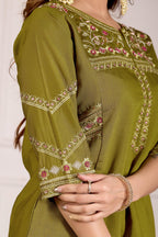 Lorenvalley Fashion Mehendi Viscose Mango Silk Multi Embroidery Thread with Hand Work Kurta Palazzo Dupatta | Grocsy