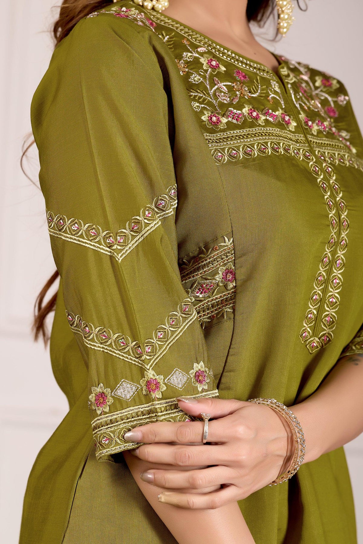 Lorenvalley Fashion Mehendi Viscose Mango Silk Multi Embroidery Thread with Hand Work Kurta Palazzo Dupatta | Grocsy