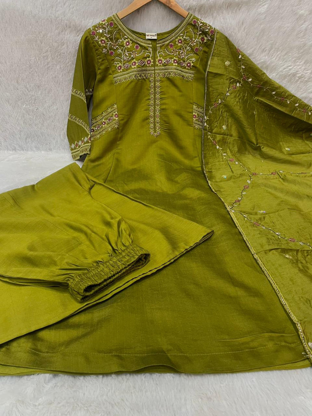 Lorenvalley Fashion Mehendi Viscose Mango Silk Multi Embroidery Thread with Hand Work Kurta Palazzo Dupatta | Grocsy