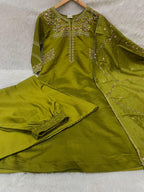 Lorenvalley Fashion Mehendi Viscose Mango Silk Multi Embroidery Thread with Hand Work Kurta Palazzo Dupatta | Grocsy