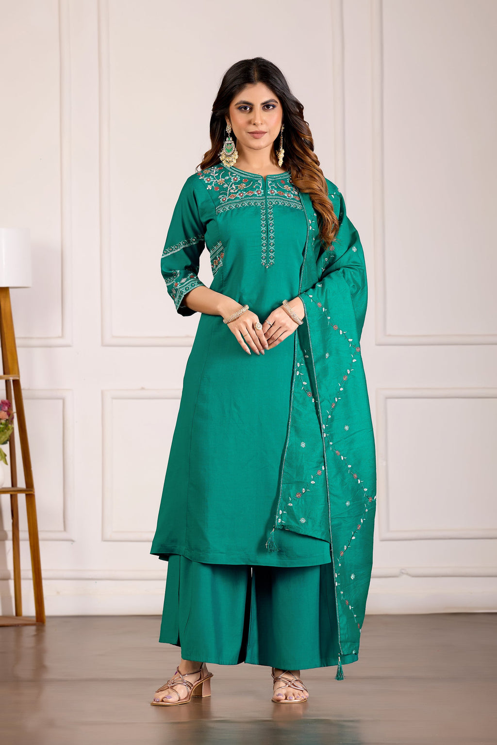 Lorenvalley Fashion Teal Viscose Mango Silk Multi Embroidery Thread with Hand Work Kurta Palazzo Dupatta | Grocsy