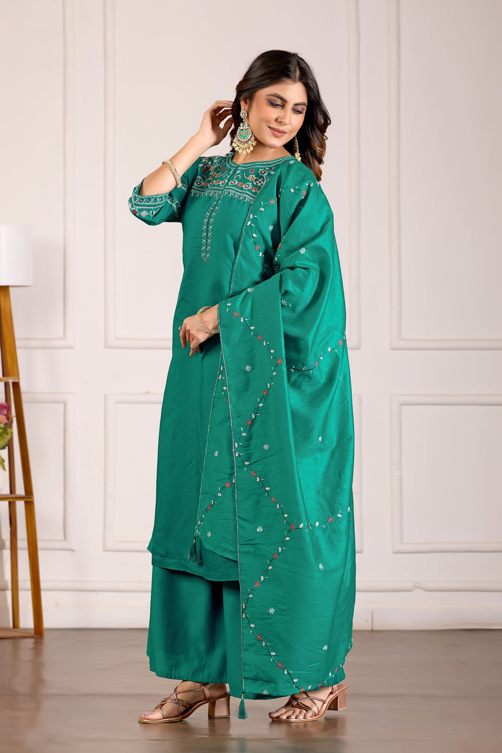 Lorenvalley Fashion Teal Viscose Mango Silk Multi Embroidery Thread with Hand Work Kurta Palazzo Dupatta | Grocsy