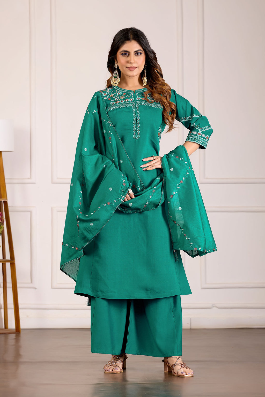 Lorenvalley Fashion Teal Viscose Mango Silk Multi Embroidery Thread with Hand Work Kurta Palazzo Dupatta | Grocsy