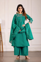 Lorenvalley Fashion Teal Viscose Mango Silk Multi Embroidery Thread with Hand Work Kurta Palazzo Dupatta | Grocsy