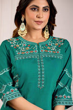 Lorenvalley Fashion Teal Viscose Mango Silk Multi Embroidery Thread with Hand Work Kurta Palazzo Dupatta | Grocsy