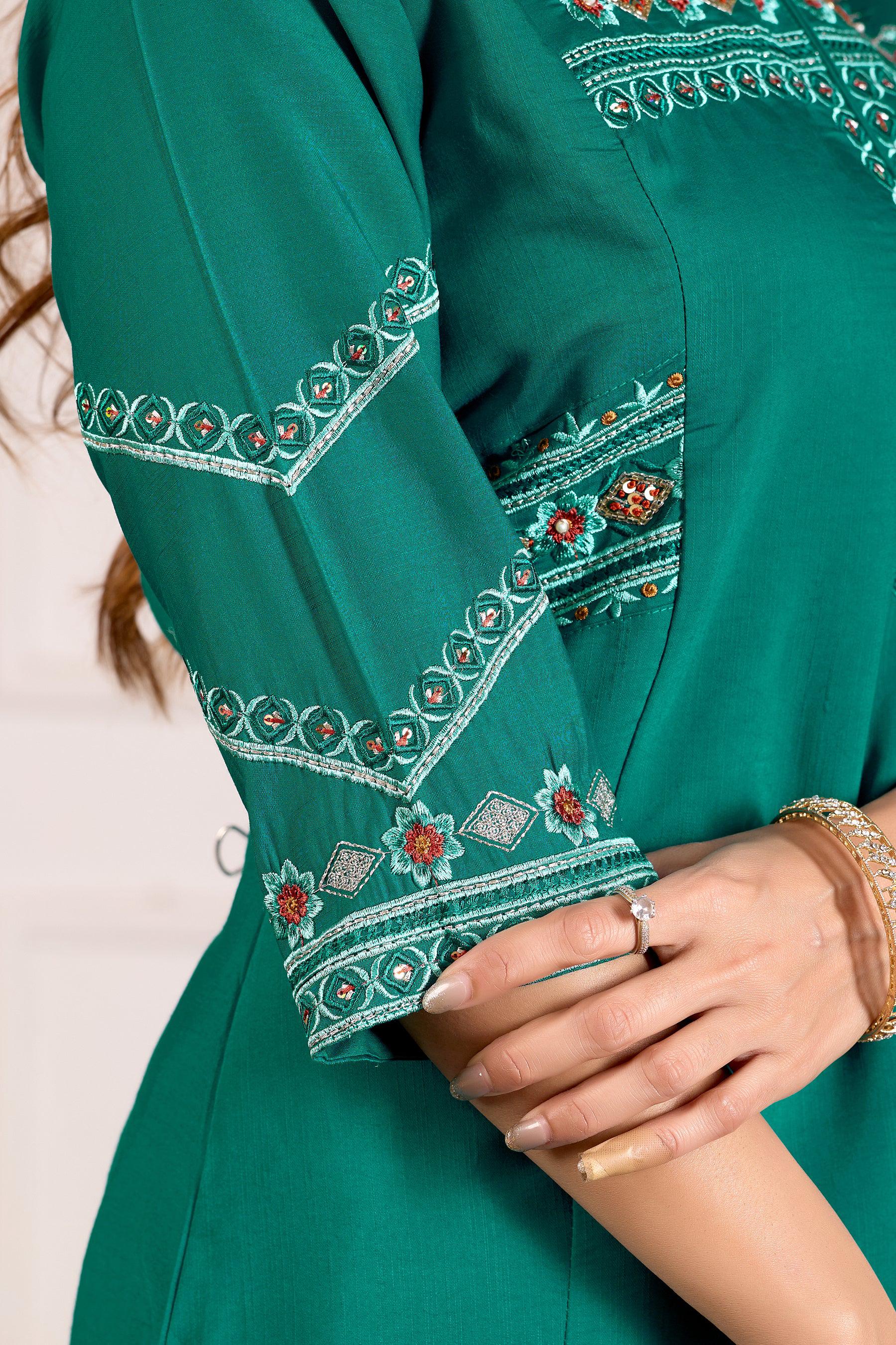Lorenvalley Fashion Teal Viscose Mango Silk Multi Embroidery Thread with Hand Work Kurta Palazzo Dupatta | Grocsy