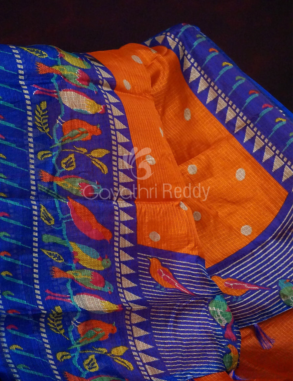 Orange Coloured Saree With Contrast Royal Blue Printed Semi Soft Silk Kota Saree By Gayathri Reddy Designer Studio | Grocsy