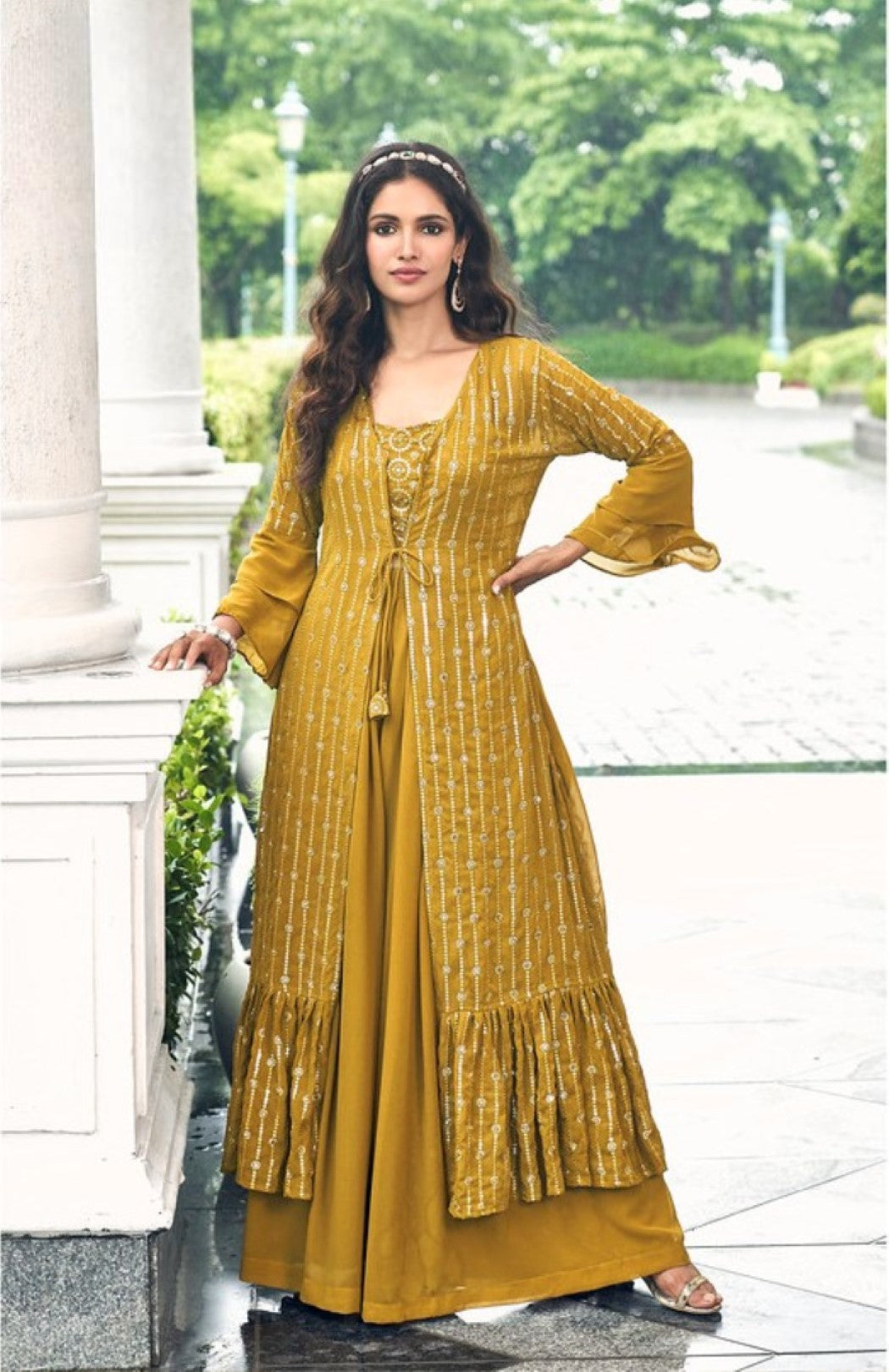 Anaita Mustard Georgette Stitched Shrug Suit With Sequence Thread Work | Grocsy
