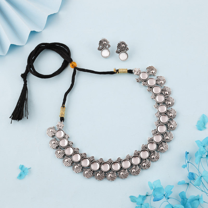 Tehzeeb Creations Silver Plated White Colour Stone Jewellery Choker Necklace Set With Matching Pair of Stud Earrings | Grocsy