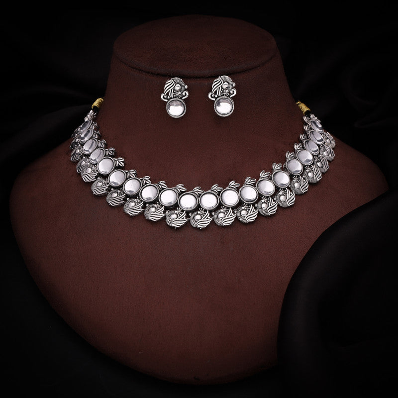 Tehzeeb Creations Silver Plated White Colour Stone Jewellery Choker Necklace Set With Matching Pair of Stud Earrings | Grocsy